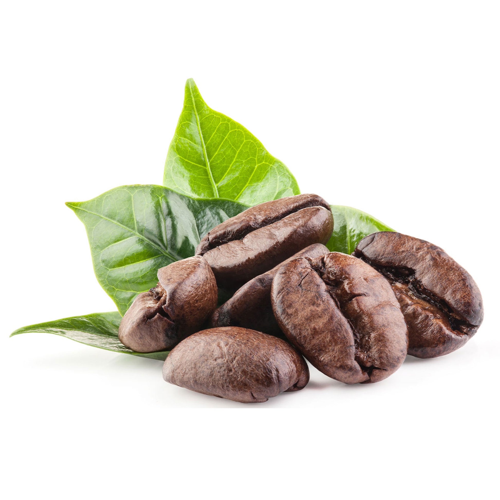 Roasted coffee beans with green leaves on a white background